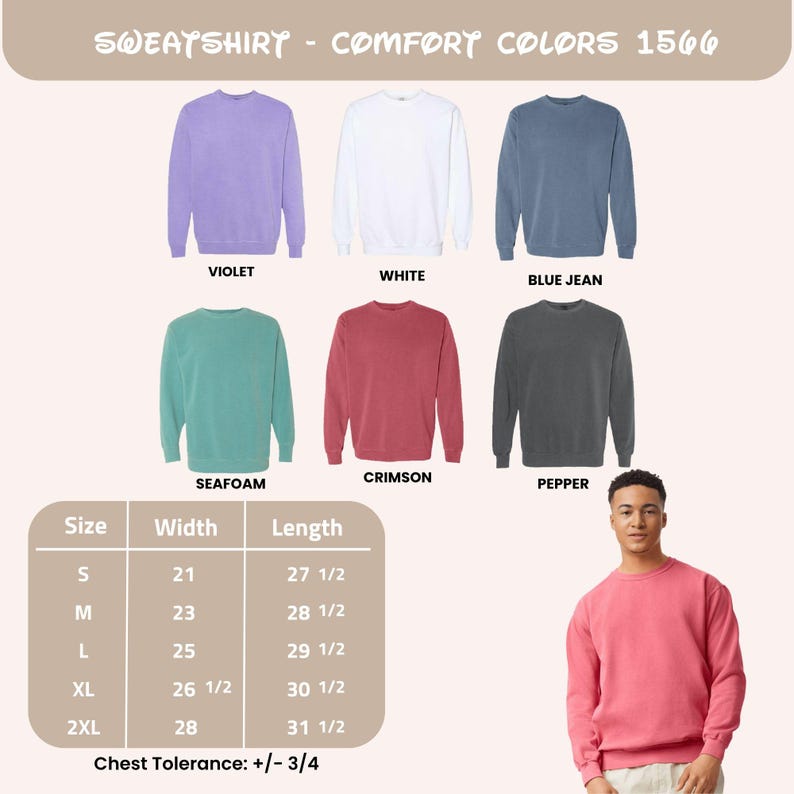 Może przedstawiać: Bluzy Comfort Colors 1566 w kolorach fioletowym, białym, dżinsowym, morskim, karmazynowym i pieprzowym. Tabela rozmiar&oacute;w pokazuje wymiary w cm dla rozmiar&oacute;w od S do 2XL. Osoba prezentuje karmazynową bluzę.