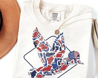 Camo Flying Mallard Duck Tshirt, 4th of July Patriotic, Duck Hunting Sublimation Design, USA Red White Blue Tshirt