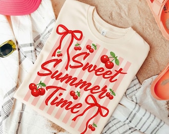 Comfort Colors®  Striped sweet summer time tshirt, Cherry Coquette Tee, Sublimation Design, Floral cherry Summer T-shirt