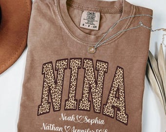 Comfort Colors® Custom Leopard Nina Shirt With Kid Name, Personalized Nina Shirt, Gift For Nina, Mothers Day Gift, Nina Leopard Shirt