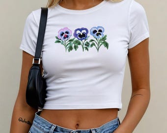 Bella Canvas Vintage Pansies Shirt, Retro Flower Graphic Tee, 90s Style Baby Tee, Cottagecore Tshirt