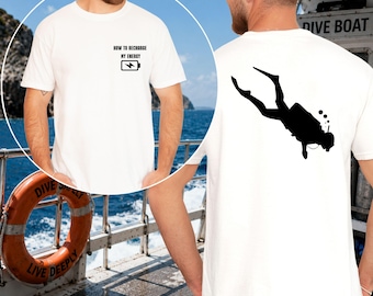 Scuba Diver Silhouette Shirt, Diving Gift For Him, Minimalist Scuba Tee, Recharge My Energy Diving Pun, Front And Back Print Tee
