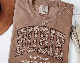 Personalized Bubie Grandma Shirt, Custom Grandkids Names Comfort Colors Tee, Leopard Print Grandmother Gift From Grandchildren