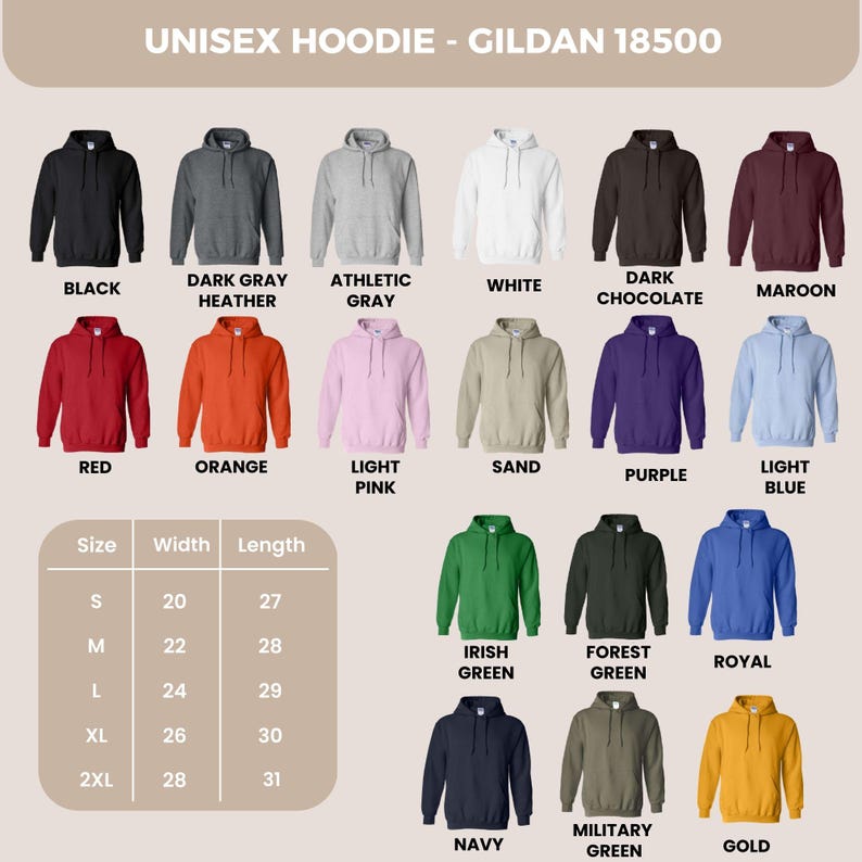 May include: Image of Gildan 18500 unisex hoodies in multiple colours: black, grey, white, red, orange, pink, and green. A size chart is included, with measurements in inches, which are approximately equivalent to cm.