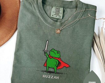 Huzzah Frog with Sword Tee, Embroidered Medieval Frog Shirt, Comfort Colors 1717, Funny DnD T-Shirt, Renaissance Faire Frog Gift