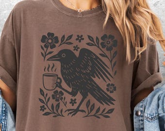 Boho Crow Shirt, Bird Coffee Lover, Oversize, Womens, Mens, Comfort Colors T-shirt