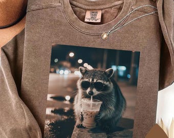 Comfort Colors® Raccoon Drinking Iced Coffee Shirt | Funny Animal Meme Tee | Coffee Lover Raccoon Shirt | Unisex Graphic Tshirt Sweatshirt