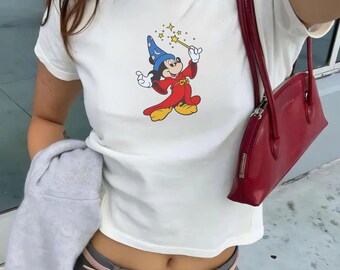 Walt Disney Fantasia Mickey Watercolor Baby Tee Y2K Mickey 90s Vintage, Fantasia Mickey Shirt,Mickey Sorcerer Tee, Disneyland Trip Shirt