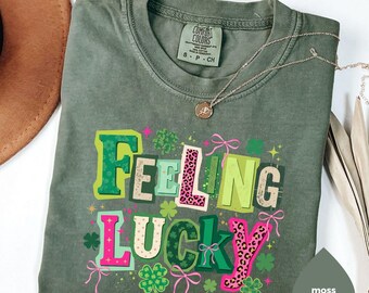 Feeling Lucky Shirt, St Patrick’s Day Comfort Colors Tee, Coquette Bow Shamrock Shirt, Irish Aesthetic Graphic Tee, Lucky Clover Gift Womens