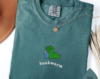 Bookworm Embroidered Tee – Cute Comfort Colors Shirt for Book Lovers, Bookish Gifts