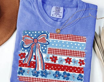 Comfort Colors®  Coquette American Flag , Patriotic Bow Ditsy Floral, Checkered USA Design, Retro Brushstroke, 4th of July