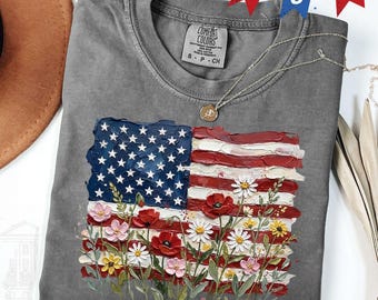 Comfort Colors®  American Flag Floral Tshirt- Patriotic Wildflower USA Sublimation Design for 4th of July Shirts