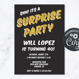 Surprise Birthday Party Invitation Mens Graffiti Surprise Gold Glitter Birthday INSTANT Download 5x7 Editable Adult Teen Mens Suprise Party