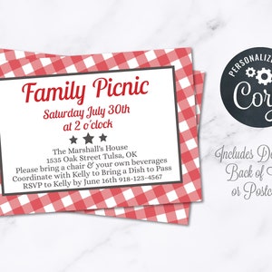 Picknick-Party Einladung INSTANT Download 4 x 6 Postkarte Schweinsbraten Sommer Familientreffen Rote Tischdecke