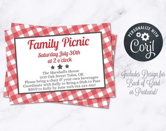 Picnic Party Invitation INSTANT Download 4x6 Postcard Editable Pig Roast Summer Family Reunion Red Tablecloth