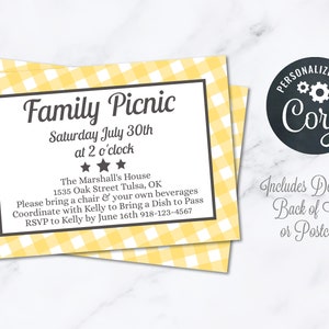 Convite para festa de piquenique amarelo Download instantâneo Cartão postal editável de 4x6 Porco assado Reunião de família de verão
