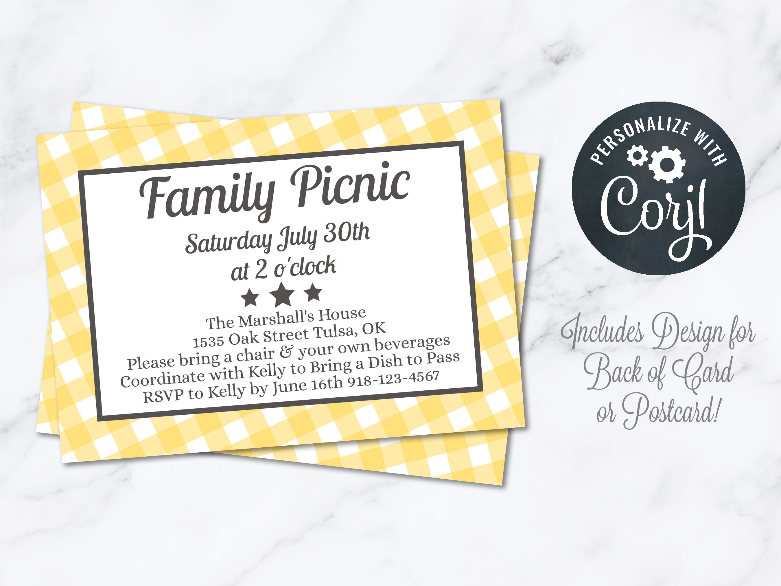Yellow Picnic Party Invitation INSTANT Download 4x6 Postcard Editable Pig Roast Summer Family Reunion