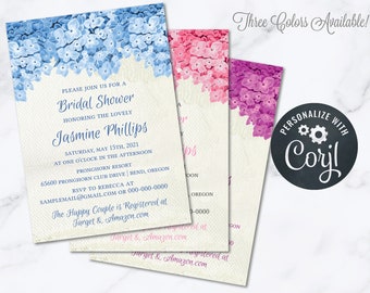 Hydrangea Bridal Shower Invitation INSTANT Download 5x7 Editable Bridal Shower Invite Blue Pink Purple Flowers Spring Summer Wedding