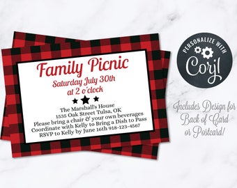 Convite para piquenique Buffalo Plaid Download instantâneo Cartão postal editável 4x6 Porco assado Eu faço churrasco Reunião de família de verão
