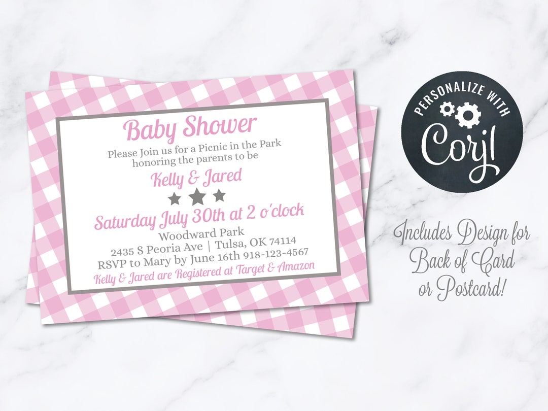 Pink Picnic Baby Shower Invitation INSTANT Download 4x6 Postcard