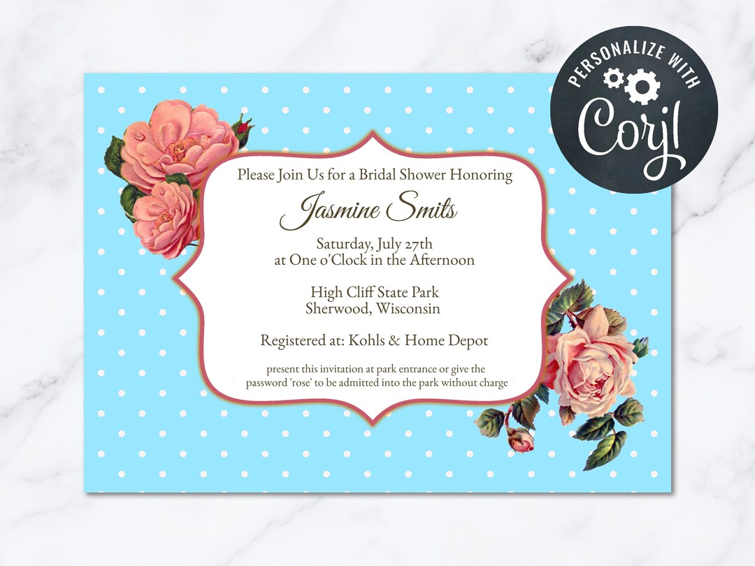 Vintage Bridal Shower Invitation Womens Rose Polka Dots INSTANT