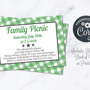 Grünes Picknick-Party-Einladung INSTANT Download 4 x 6 Postkarte Bearbeitbarer Schweinebraten-Sommer-Familientreffen