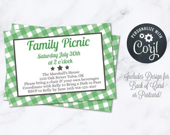 Convite para festa de piquenique verde Download instantâneo Cartão postal editável de 4x6 Porco assado Reunião de família de verão