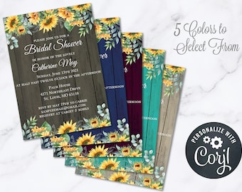 Rustic Wooden Sunflower Bridal Shower Invitation INSTANT Download 5x7 Editable Navy Mulberry Teal Summer Sunflower Invitation