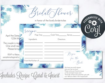 Blue Watercolor Bridal Shower Invitation with Recipe Card 5x7 Editable Bridal Shower Invite Blue Watercolor Raindrop Abstract Flowers