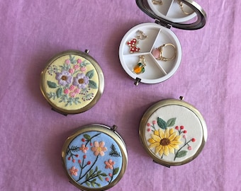 Hand Embroidered Floral Jewelry Box with Mirror, Round Trinket Organizer, Travel Pill Case