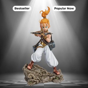May include: A figurine of a character with spiky orange hair in a ponytail, wearing white trousers, gold armbands, and brown sandals. The character holds a crossbow and has a quiver on their back. The text Bestseller and Popular Now appear above.