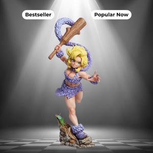 May include: A figurine of a blonde character with green eyes, wearing a purple fur-textured outfit, holding a brown wooden club. The character stands on a rocky base with a small blue flower. Text labels Bestseller and Popular Now are visible.