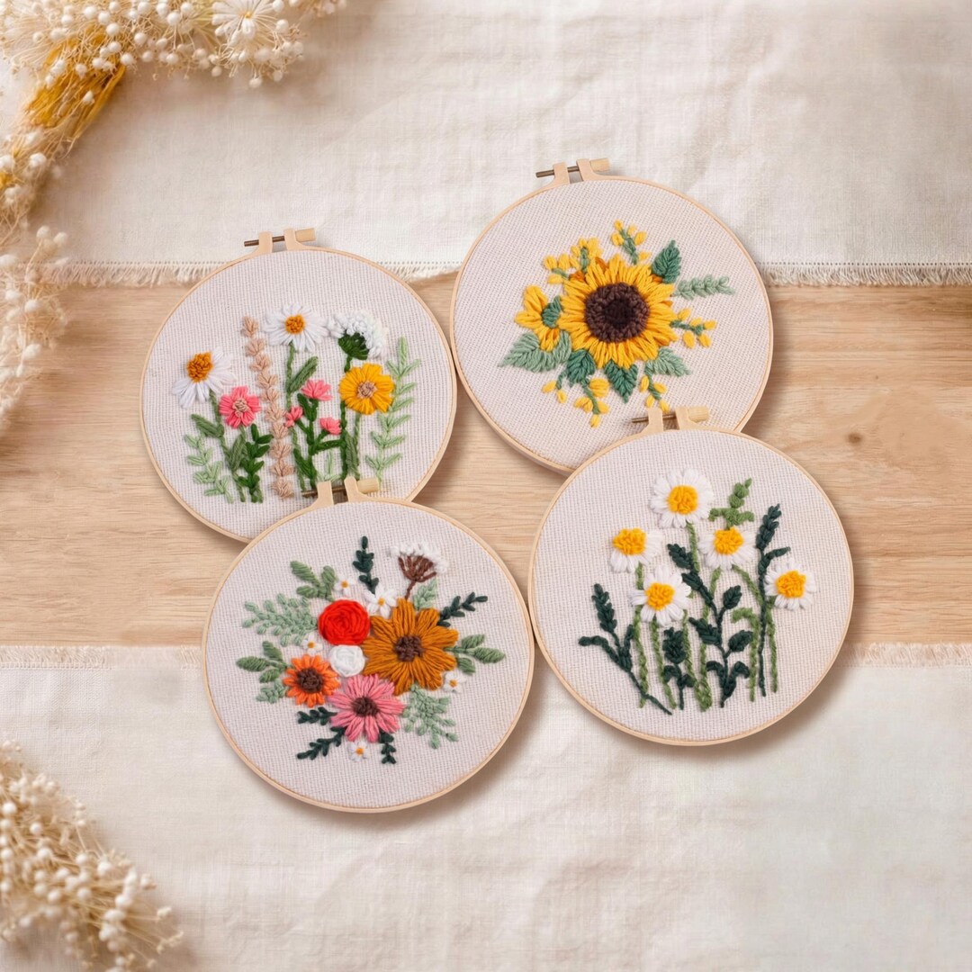 Floral Embroidery Hoop Wall Art, Wildflower Daisy Sunflower Decor ...