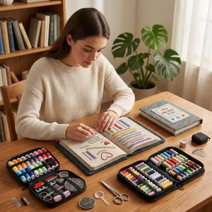 Può includere: Una persona sta lavorando a un progetto di cucito su un tavolo di legno. Sono visibili astucci per cucito aperti, un diario con disegni ricamati e un diario chiuso con il testo "Amy McLellan 2026". Sono presenti anche vari rocchetti di filo e strumenti di cucito.