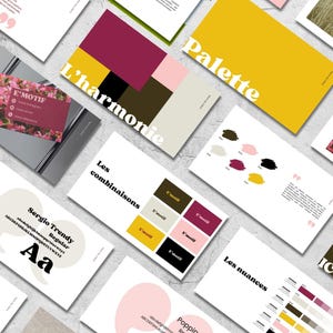 Peut inclure: Vue aérienne de divers éléments de design, notamment des palettes de couleurs, des cartes de visite et des blocs de texte. Les schémas de couleurs présentent du jaune moutarde, du bordeaux et du rose. Le texte comprend "Palette", "L'harmonie" et "E'MOTIF".