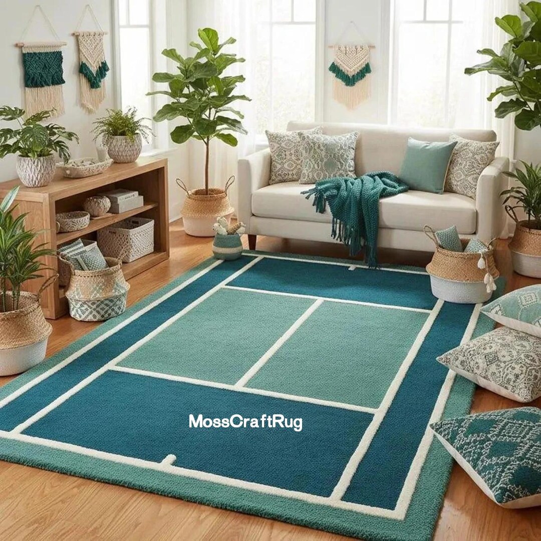 Hand Tufted Wool Tennis Court Rug, Teal Green Modern Aesthetic Area Rug ...