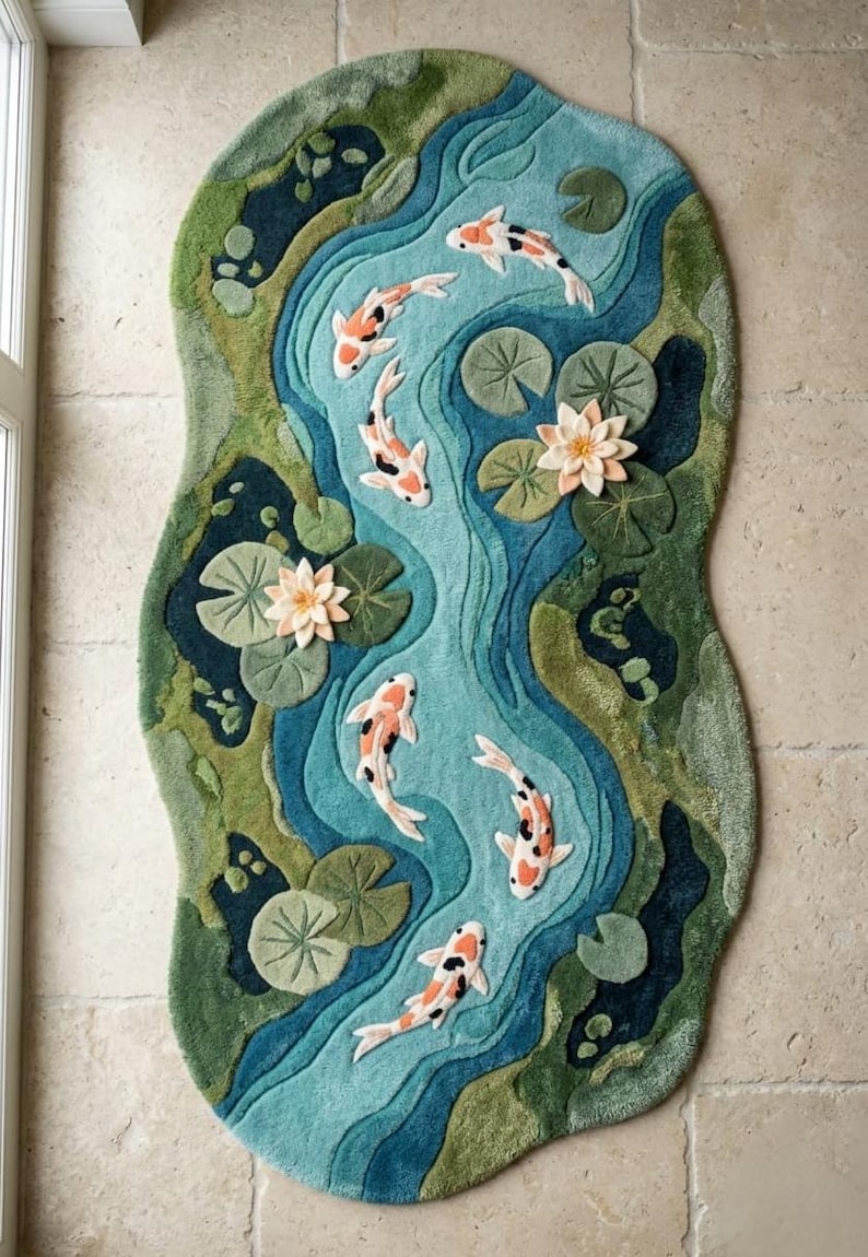 Hand Tufted Koi Fish Rug | Japanese Garden Area Rug | Zen Pond Carpet ...