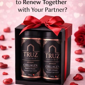 Puede incluir: Una caja de regalo negra atada con una cinta roja contiene dos botellas negras de colágeno premium TRUZ Estambul. Las botellas tienen letras doradas y están etiquetadas como "Health & Beauty Hydrolyzed Type I, II & III". El texto "Are You Ready to Renew Together with Your Partner?" está arriba.