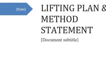 Puede incluir: Documento blanco con el título "LIFTING PLAN & METHOD STATEMENT" en texto negro. Una flecha azul con la palabra "[Date]" está a la izquierda. El subtítulo es "[Document subtitle]."