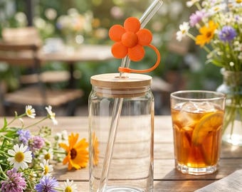 16oz Glass Tumbler with Bamboo Lid & Crystal Straw – Flower Topper