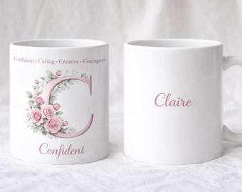 Personalized Floral Initial Mug, Custom Name Ceramic Coffee Mug