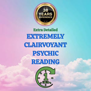 Può includere: Un'immagine con uno sfondo di cielo pastello promuove una lettura psichica. Il testo include "Extra Dettagliato", "Lettura Psichica Estremamente Chiaroveggente" e "1 Ora". Un emblema circolare indica "38 Anni di Esperienza."