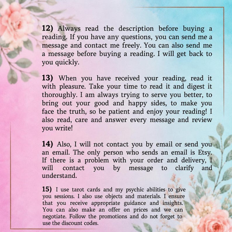 May include: A digital information card with a soft pink and blue watercolor background featuring floral accents. The text provides instructions for tarot reading services, covering communication policies, reading expectations, email protocols, and service details.