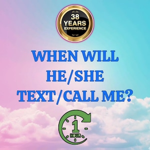 Puede incluir: Imagen con un fondo degradado azul y rosa. El texto en azul dice "¿CUÁNDO ME ENVIARÁ UN MENSAJE/LLAMARÁ?". Un gráfico circular indica "38 AÑOS DE EXPERIENCIA". Un gráfico verde muestra un reloj con el texto "1 HORA".