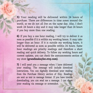 May include: A digital information card with a pink and blue watercolor background and floral accents. The text outlines policies for reading delivery times, working hours, and digital download instructions, including the URL grandmakaylee.etsy.com.