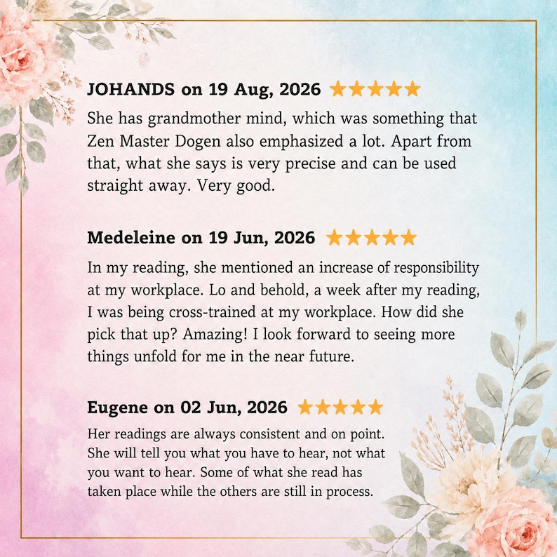 May include: A customer review graphic featuring three five-star testimonials from JOHANDS, Medeleine, and Eugene. The text is set against a soft watercolor background with pink and blue floral illustrations and a thin gold border frame.