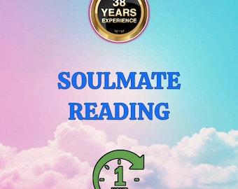 May include: A digital graphic with a pink and blue sky background featuring a gold circular badge that reads 38 YEARS EXPERIENCE. The text SOULMATE READING appears in blue, and a green circular arrow icon contains the text 1 HOUR.