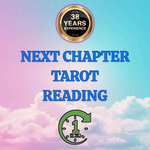 以下が含まれることがあります： 青色の「NEXT CHAPTER TAROT READING」というテキストが特徴のデジタル画像。円形のバッジには「38 YEARS EXPERIENCE」と記載。緑色の時計グラフィックは1時間の期間を示しています。