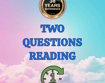 May include: A digital graphic with a pastel pink and blue gradient background featuring a circular badge that reads 38 YEARS EXPERIENCE. Below this, the text reads TWO QUESTIONS READING in blue, followed by a green clock icon labeled 1 HOUR.