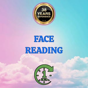 May include: Image with text "FACE READING" in blue, a circular graphic with "38 YEARS EXPERIENCE" in gold, and a green clock graphic indicating "1 HOUR". The background is a gradient of pink and blue with white clouds.